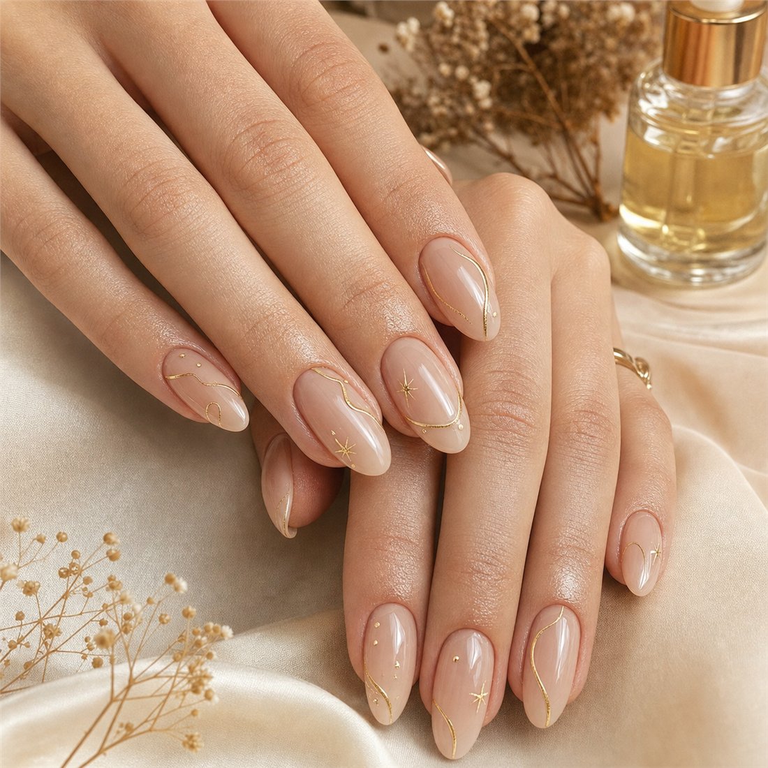 Manicure nude con detalles dorados